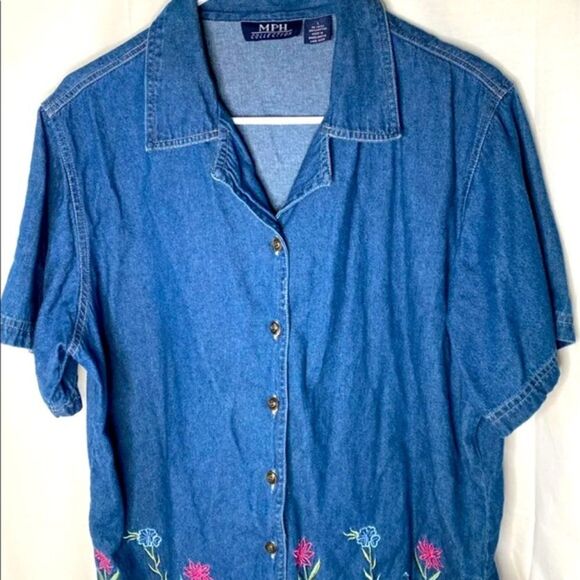 Embroidered Button Down Jean Shirt - Picture 1 of 3